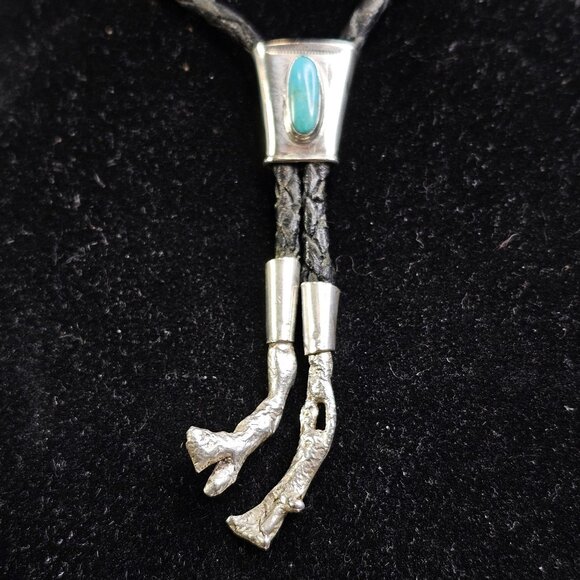 Navajo Silver And Turquoise Bolo Tie With Sterling Silver Tips Small Simple - Picture 11 of 11